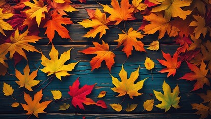 Poster - Colorful autumn leaves on a rustic wooden background forming a natural pattern in warm tones of red, orange, yellow, and green.