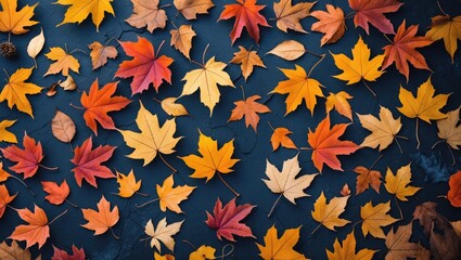 Poster - Autumn leaves of various colors arranged on a dark surface creating a natural and vibrant pattern background.