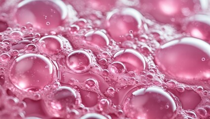 Poster - Close-up of translucent pink bubbles in a liquid surface with reflections and varying sizes creating a textured appearance