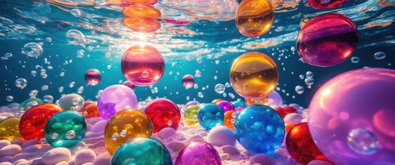 Poster - Underwater scene with colorful transparent spheres and bubbles floating above sandy surface illuminated by sunlight