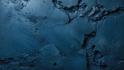 Poster - Textured blue concrete wall surface with cracked and uneven patterns and small holes.