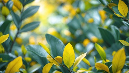 Poster - Close-up of green and yellow leaves in sunlight creating a blurred background in an outdoor setting during spring season