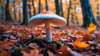 Wall Mural - mushroom growing in a forest during autumn with colorful fallen leaves and blurred trees in the back