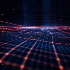 Poster - Wavy Data Grid: Abstract Technology Landscape with Orange Nodes on a Blue Network, Representing Connectivity and Data Flow