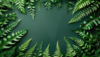 Poster - Green fern leaves arranged in a border on a dark green background creating a natural frame for various design uses