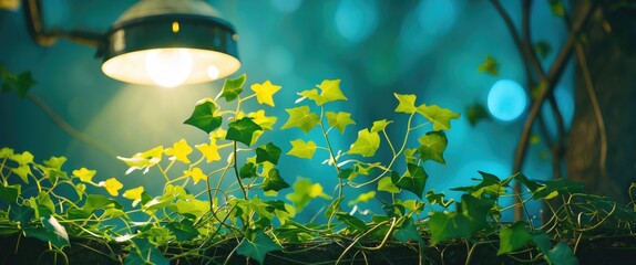 Poster - Lush green ivy leaves illuminated by a hanging lamp creating a serene atmosphere in a natural setting