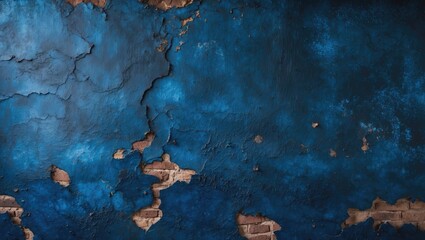 Poster - Textured blue wall with peeling paint and exposed brick in an urban setting