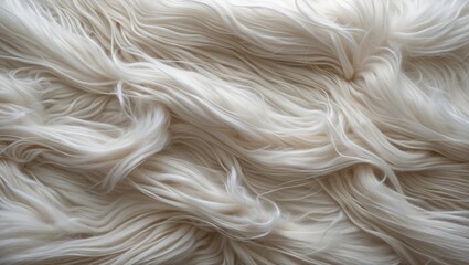 Poster - White textured wool or synthetic fiber background with flowing strands and soft curls. Ideal for textile or surface design applications.