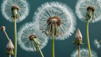 Poster - Dandelion flowers close-up with seeds on green background natural beauty botanical art photography
