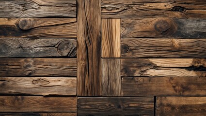 Poster - Textured wooden wall background with a variety of hardwood planks in different shades and grains arranged in a geometric pattern.