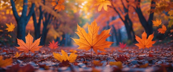 Poster - autumn landscape with vibrant falling leaves on forest floor surrounded by colorful trees in warm sunlight high resolution photograph
