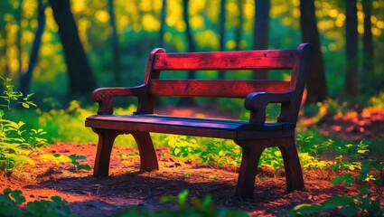 Poster - Wooden bench in a lush green forest with soft sunlight filtering through trees creating a warm atmosphere