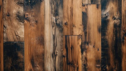 Poster - Wooden floor texture with varying tones of brown and black, natural patterns and grains detailed in high resolution.