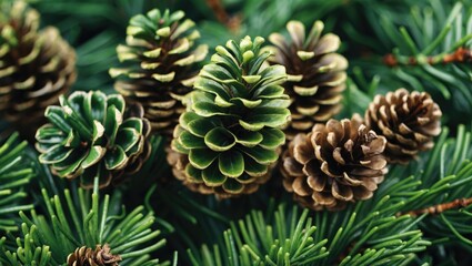 Poster - Pine cones and evergreen branches close-up with various shades of green and brown for natural texture and detail