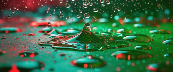 Poster - Close-up view of water droplets on a surface with colorful reflections and ripples created by a splash effect