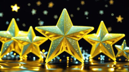 Poster - Golden decorative stars with glittering surface on dark background illuminated by soft light bokeh effect.