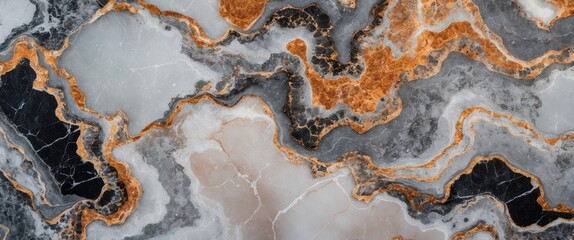 Poster - Decorative natural stone slab with abstract patterns in gray, black, gold and white hues suitable for backgrounds or surfaces.