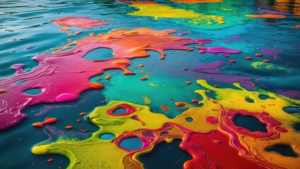  - Colorful abstract patterns on water surface with vibrant hues of pink, orange, green, and yellow creating a striking visual effect