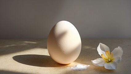 Poster - Single unbroken white egg on a stone surface beside a tropical flower and a pinch of salt with soft natural light shadows