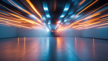Poster - abstract motion blur of colorful lights in a modern empty gallery or studio space with reflective fl