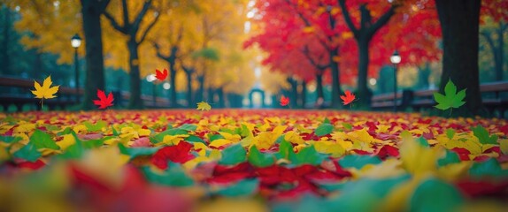 Poster - Colorful autumn leaves scattered on a park path surrounded by trees with vibrant red and yellow foliage and soft morning light