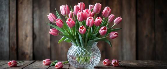 Poster - Pink tulips in a crystal vase on wooden table with additional tulip petals scattered around. Natural light accentuating floral arrangement.
