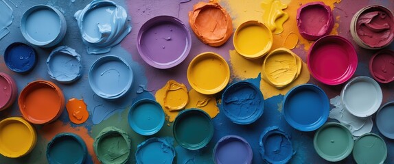 Poster - Various color paint pots arranged on a vibrant multicolored background showcasing an artist's palette and creativity tools.