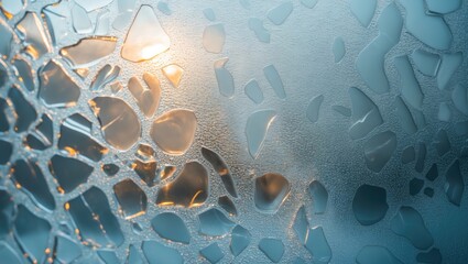 Poster - Frosted glass texture with irregular patterns and soft light reflections in a cool color palette