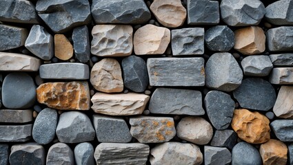 Poster - Wall of assorted natural stones in various shapes and colors arranged in a tight pattern for texture and design elements