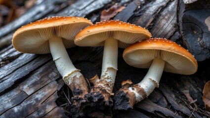 Poster - Three vibrant orange mushrooms with white gills growing on a decaying log in a forest setting