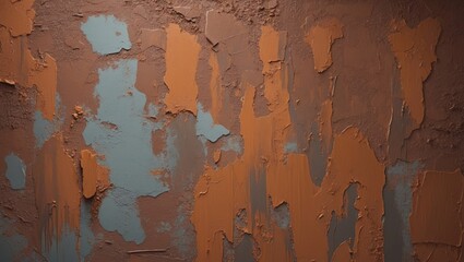 Poster - Textured abstract wall with paint in brown, orange, and blue colors creating a rustic backdrop for design projects.