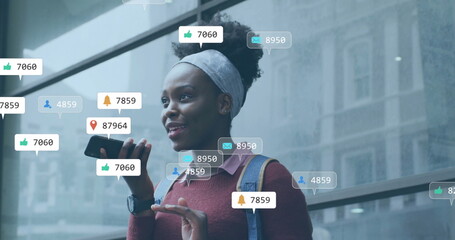 Poster - Image of icons and data processing over african american woman using smartphone
