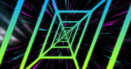Wall Mural - image of glowing neon light moving over black background