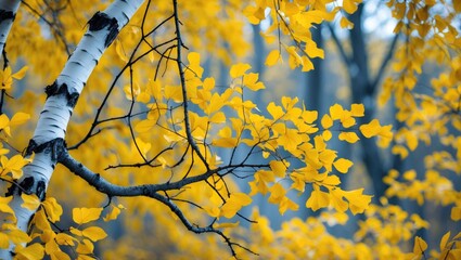 Poster - Yellow autumn leaves on birch tree branches in a soft focused forest background