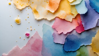 Poster - Colorful watercolored paper scraps arranged on a flat surface with splashes of paint in various shades and textures.