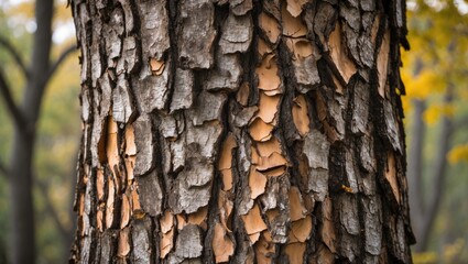 Poster - Detailed close-up of textured tree bark displaying layers and natural coloration in an outdoor setting with blurred background foliage