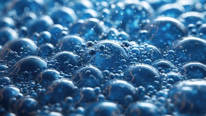 Poster - Blue bubbles in liquid surface macro shot showcasing reflections and transparency of water droplets. High detail and vivid colors.