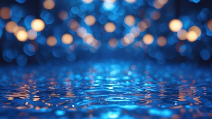 Poster - Abstract shimmering blue water surface with bokeh lights in the background creating a tranquil and dynamic atmosphere