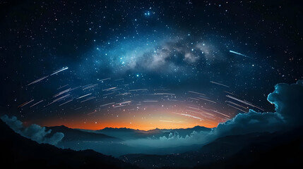 Wall Mural - Pixelated Night Sky Displaying Glowing Stars Over Silhouetted Mountains with Orange Horizon and Blue Hues