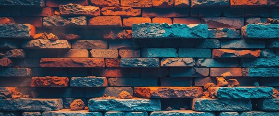 Poster - Textured wall of multicolored bricks featuring warm orange and cool blue tones with varied stone patterns and surfaces.
