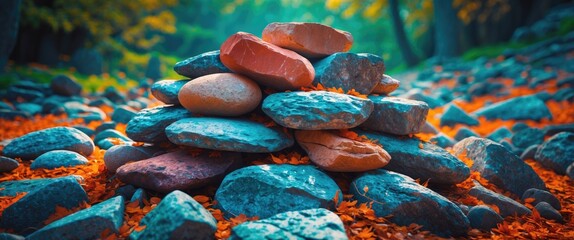 Poster - Colorful stack of rocks in autumn forest surrounded by fallen leaves with blurred green background and soft natural lighting