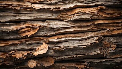 Wall Mural - Textured wooden background with dry leaves highlighting natural patterns and earthy tones in a rustic, organic setting.