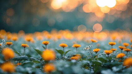 Poster - Field of yellow flowers in soft focus with warm sunlight creating a bokeh effect in the background during sunset hours