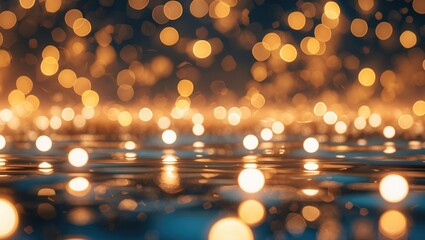 Poster - Abstract blurred background with golden bokeh lights reflecting on water surface in a dark setting