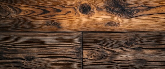 Poster - Wooden surface texture with varying shades of brown showcasing natural grain patterns and knots in a close-up format