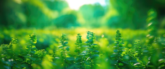 Poster - Close-up of vibrant green foliage in a blurred natural landscape during daytime with soft sunlight highlighting the leaves