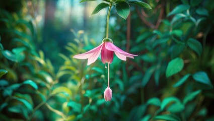 Wall Mural - Pink flower hanging from a stem with green foliage in a blurred background creating a natural garden environment.