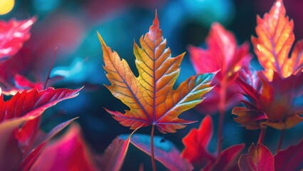 Poster - Colorful autumn leaves with vibrant red and orange foliage in a natural setting. Close-up of leaf textures and details.