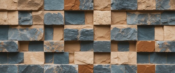 Poster - Textured stone wall with varied colors of blue, beige, and brown in a square pattern showcasing natural material appearance