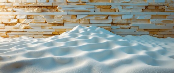 Poster - Sand dune texture with layered stone wall background illuminated by soft light